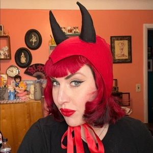 Red and black devil horn bonnet